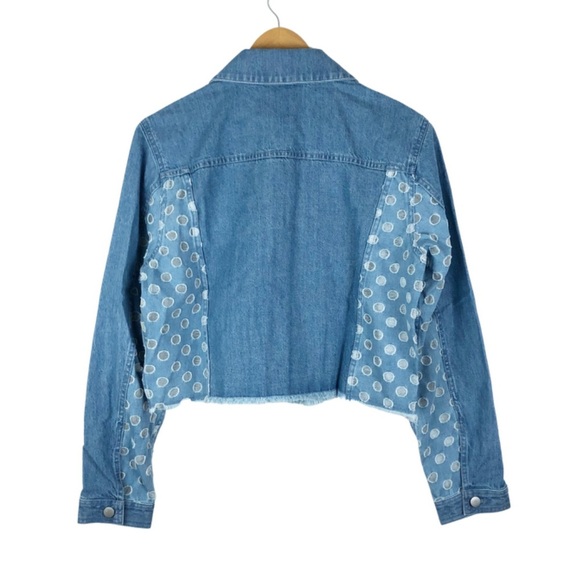 New with tag J Brand Women’s Cyra Polka Dot Panel Crop Denim Blue Jean Jacket - Picture 7 of 16